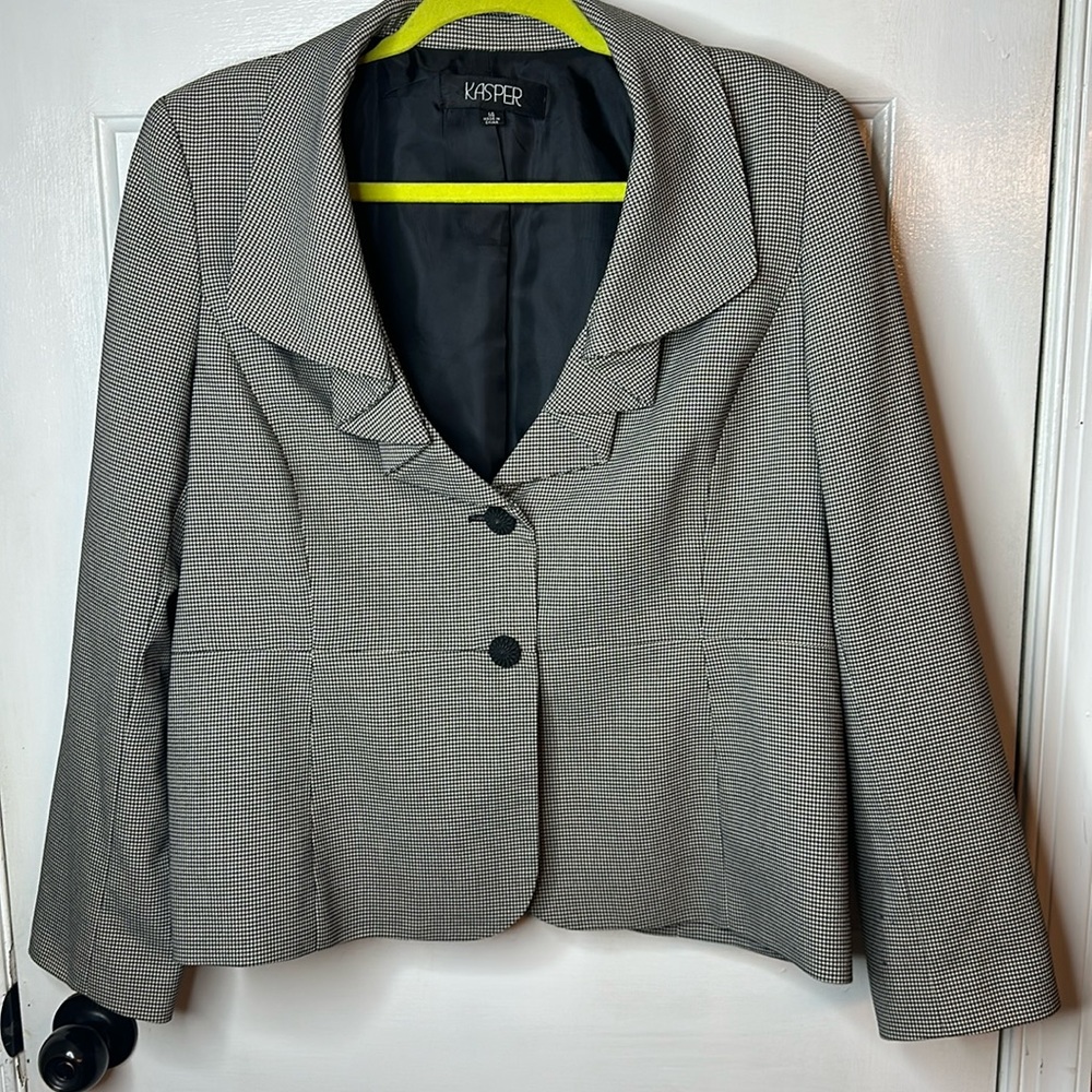 Kasper, 14, women’s black & white checked blazer. Worn one season.